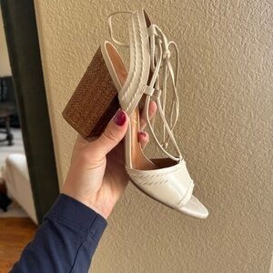 Vicenza Cream Ankle Wrap Strappy Woven Block Heel Heels